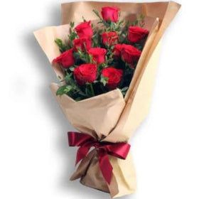 12 pcs Long Stem Red Roses with Red Ribbon