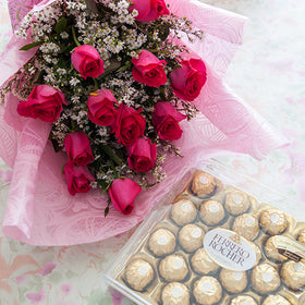 24 pcs Ferrero Rocher and 1 Dozen Pink Roses in a Bouquet