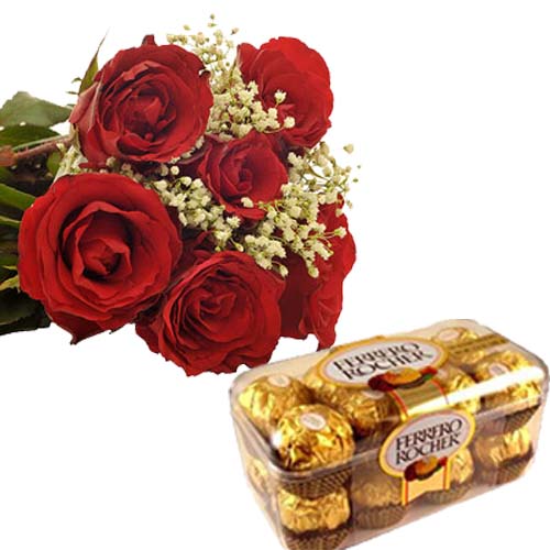 6 Red Roses with 16 pcs Ferrero Choco