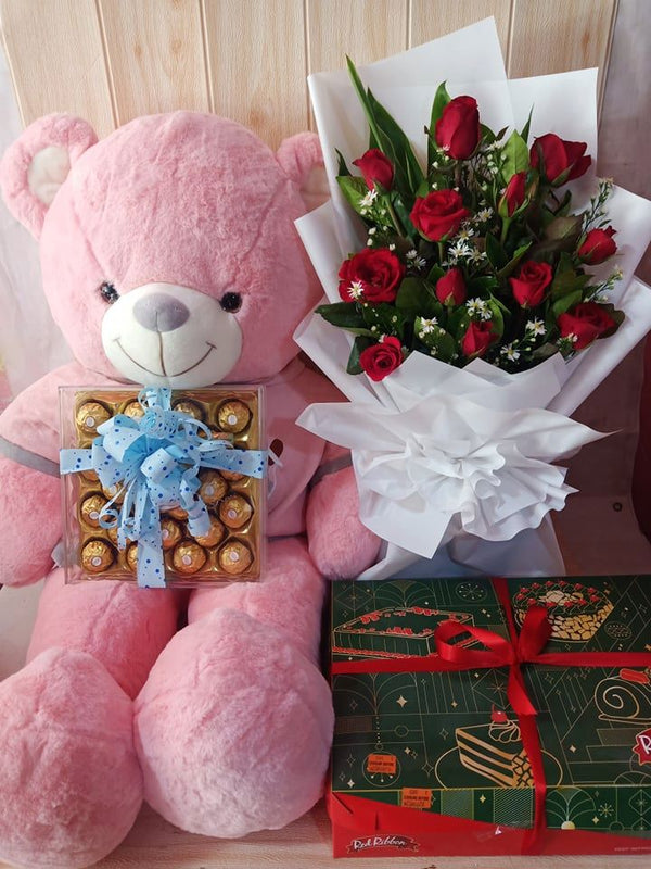1 Dozen Roses with 4ft Bear with dedication cake and 24pcs ferero
