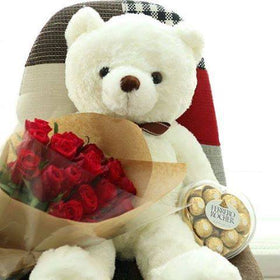 1 Dozen Red Holland Roses + Ferrero Heartshape and 3Ft Teddy Bear