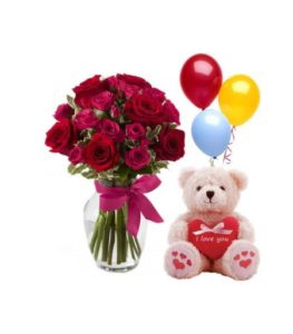 1 dozen Red Holland Rose in a Vase with Teddy Bear 8″ inches and 3 pcs balloon