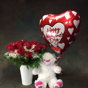 1 dozen Red Holland Rose in a Vase with Teddy Bear 8″ inches and 1 Myllar Ballon