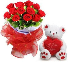 1 dozen Red Holland Roses in a Bouquet with Teddy Bear 8″ inches
