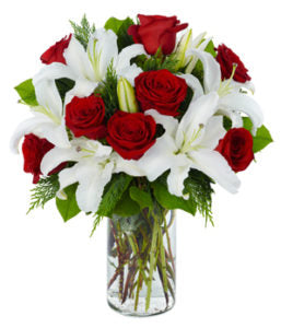 1 dozen Red Holland Roses with 2 pcs Stem Lilies in a Vase