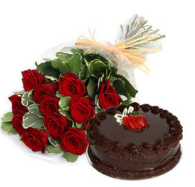 1 dozen Red Holland Roses with 8″ Chocolate Dedication Cake
