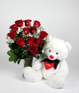 1 dozen Red Holland Roses with 8″ inches Teddy Bear