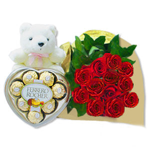 1 dozen Red Holland Roses with 8 pcs Fererro Chocolate and Mini Teddy Bear 4″ inches