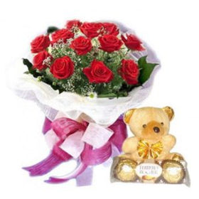 1 dozen Red Holland Roses with Teddy Bear 4″ inches and 3 pcs Ferrero Rocher