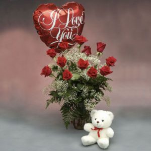 1 dozen Red Holland Roses with Teddy Bear 4″ inches and Mylar “I Love You” Balloon