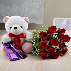 1 dozen Red Holland Roses with Teddy Bear 8″ inches and 2 pcs Cadbury Cashew Cookies 65g