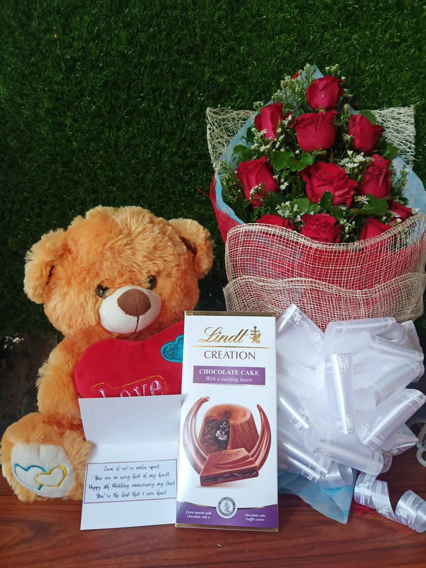 Lindt bar with 1 Dozen Red Roses and  Teddy 16inch