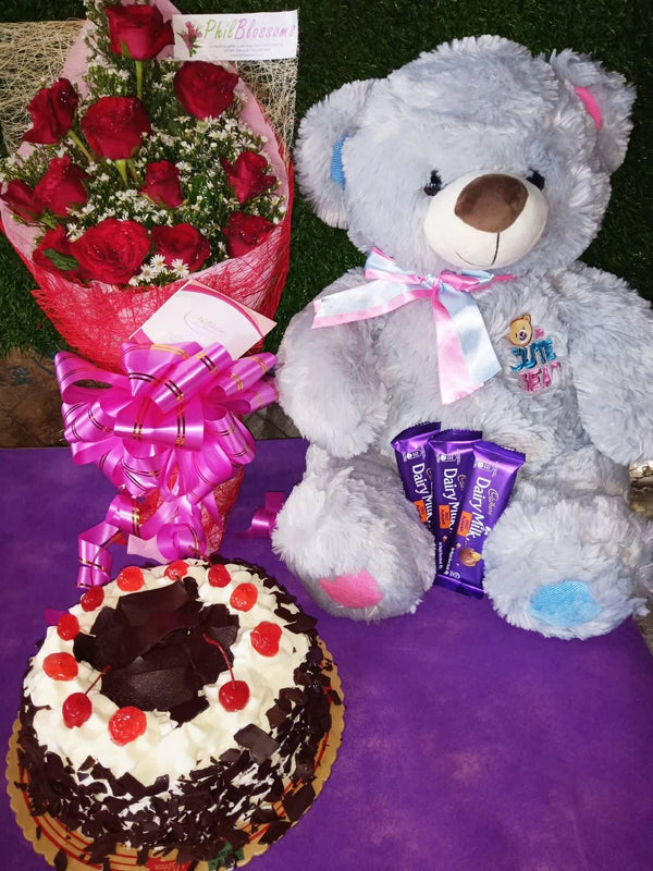 Red Roses with Black Forest cake and Beautiful 16inches Bear and 3 bars 30g Cadbury