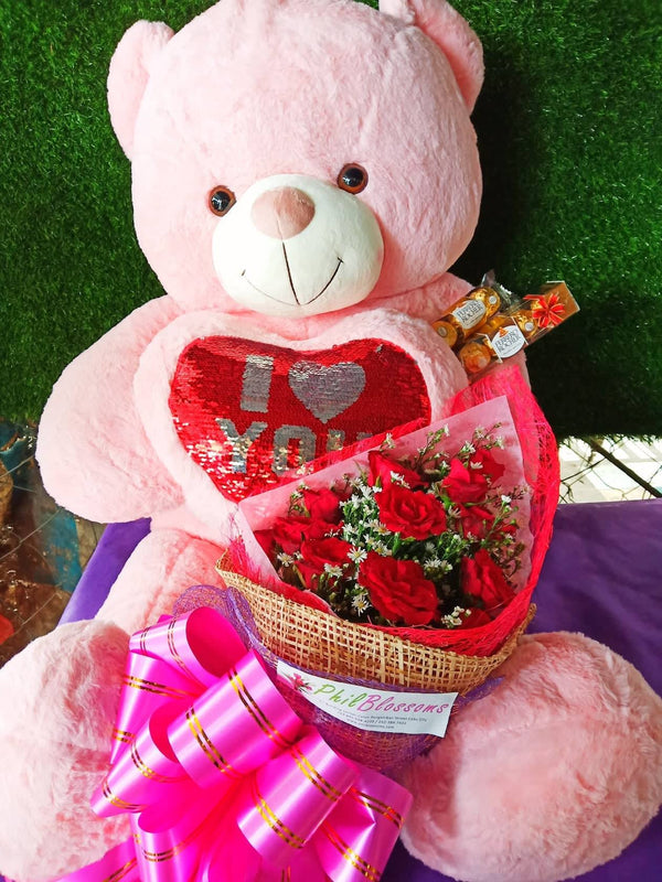 Pink 3ft Teddy and 1 Dozen Red Roses and Ferrero 6pcs
