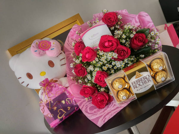 Hello Kitty  with 1 Dozen Roses and Ferrero Rocher box 8pcs