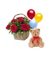 6 Roses in a Basket with Mini Teddy Bear and 3 pcs Balloon