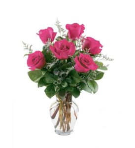 6 pcs Pink Holland Roses in a Vase with 16inches Teddy Bear