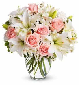 6 pcs Pink Roses with 3 pcs White Stem Lilies in a Vase