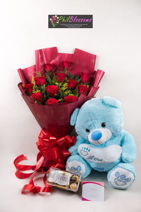 1 dozen red roses with Teddy Bear 16 inches  and  Ferrero Chocolate  8pcs