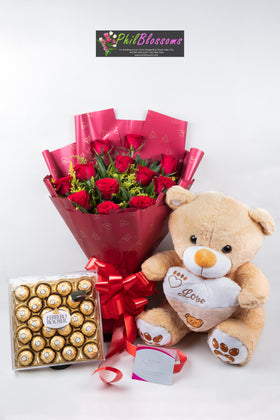 1 Dozen  red roses with Teddy Bear 16 inches  and Ferrero Chocolate  24pcs