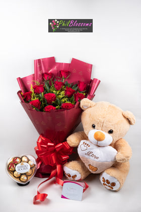 1 dozen red roses with  Teddy Bear 16 inches  and Ferrero Chocolate  8pcs ( heartshape)