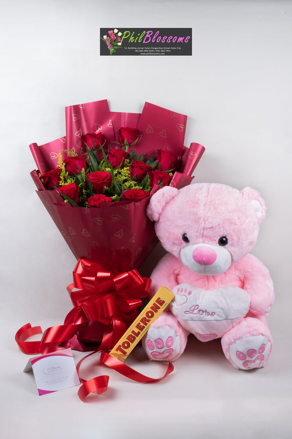 1 dozen red roses + Teddy Bear 16 inches and Tobleron 100g