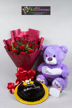 1 Dozen  red roses  with Teddy Bear 16 inches and dedication cake 8