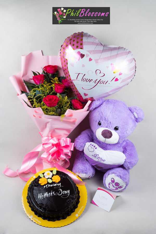 6pcs pink roses in a bouquet with  Teddy Bear and Dedication cake8