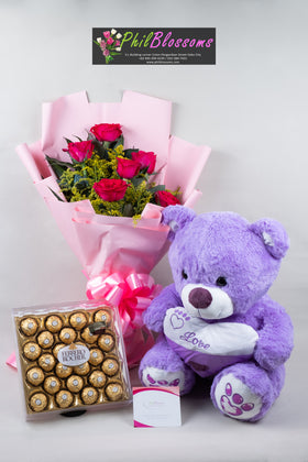 6pcs pink roses in a bouquet with  Teddy Bear 16 inches and Ferrero 24pcs chocolate