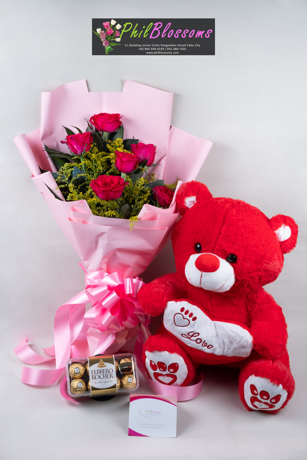 6pcs pink roses in a bouquet with Teddy Bear 16 inches  and Ferrero Chocolate  16pcs