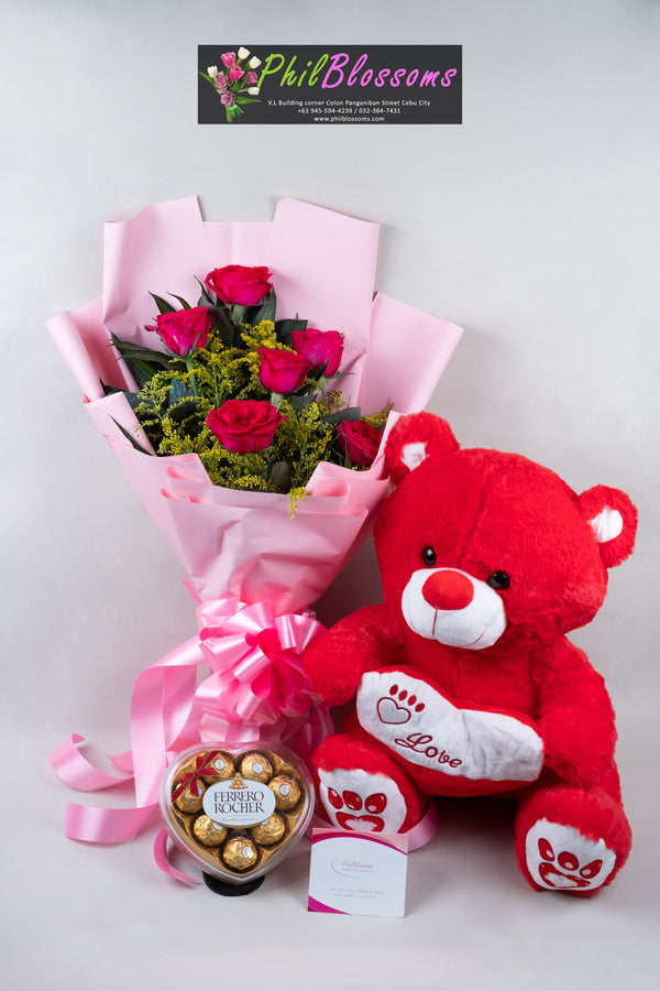 6pcs pink roses in a bouquet with Teddy Bear  16 inches and Ferrero Chocolate  8pcs