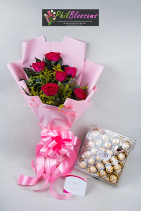 6pcs pink roses in a bouquet with Ferrero Chocolate 24pcs