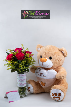 6pcs Pink  Roses in a Vase with Teddy Bear 16 inches