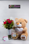 6pcs Rose Pink  in a Vase with Teddy Bear 16 inches and Ferrero 8pcs