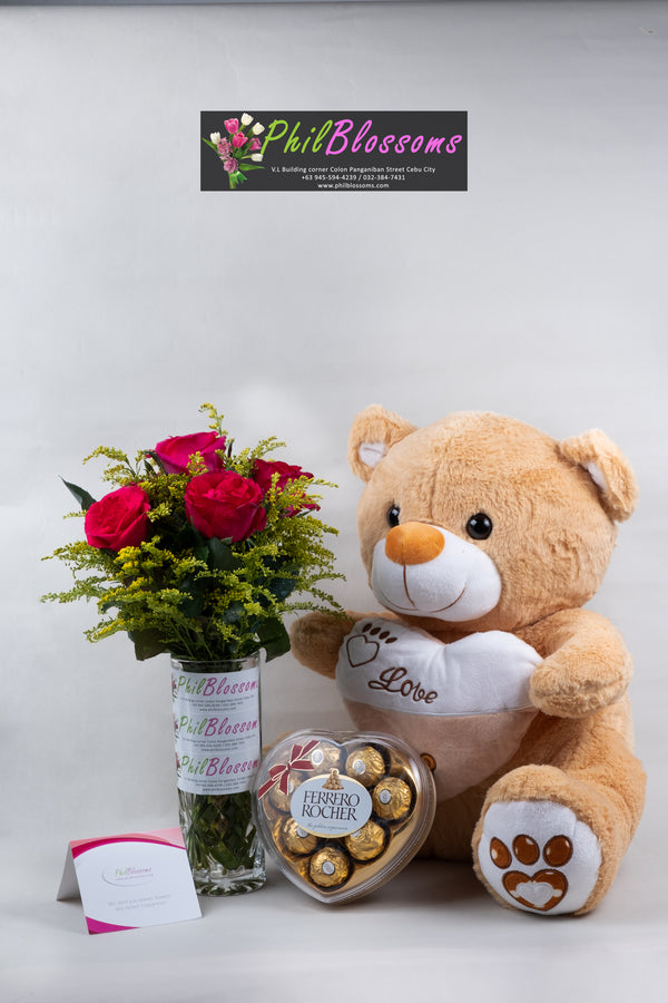 6pcs Rose Pink  in a Vase with Teddy Bear 16 inches and Ferrero 8pcs