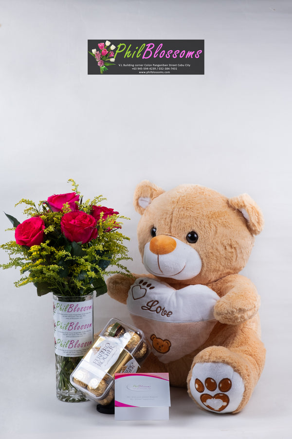6pcs Pink Roses in a Vase with Teddy Bear 16 inches and  Ferrero 16pcs