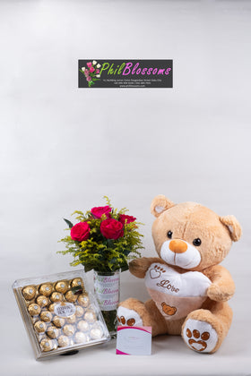 6pcs Pink Roses in a Vase with Teddy Bear 16 inches and Ferrero 24pcs