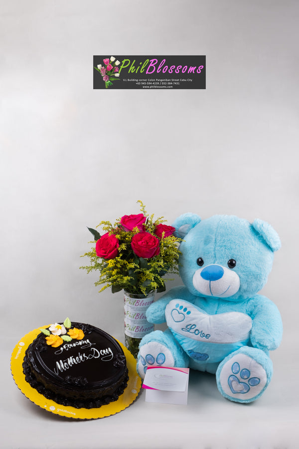 6pcs Pnk Roses in a Vase with Teddy Bear and Dedication Cake