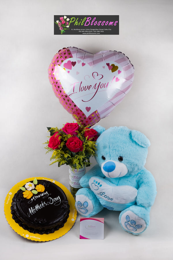 6pcs Pink Rose in a Vase with Teddy Bear 16 inches balloon iloveyou and Dedication Cake