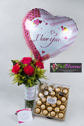 6pcs Pink Roses in a Vase with 24pcs Ferrero and Balloon Iloveyou