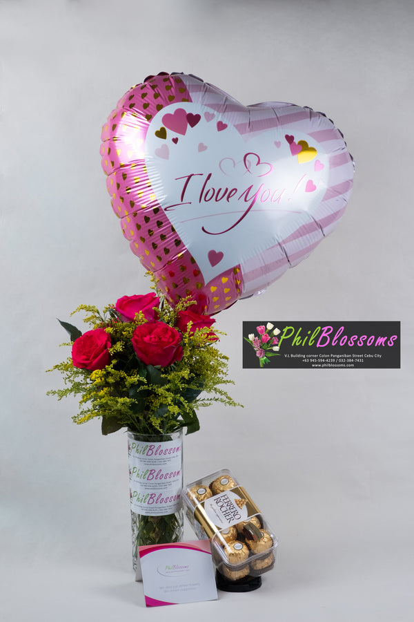 6pcs Pink Roses in a Vase with 16pcs Ferrero and  balloon Iloveyou