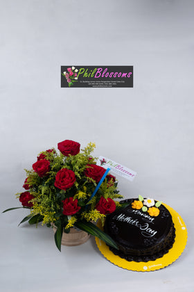 1 Dozen Red Roses in a Basket with Dedication Cake