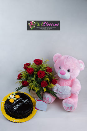 1 Dozen  Red Roses in a Basket  with  Teddy 16 inches  and Dedication Cake