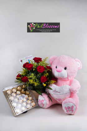 1 Dozen Red Roses in a Basket with  Teddy 16 inches  and Ferrero 24pcs