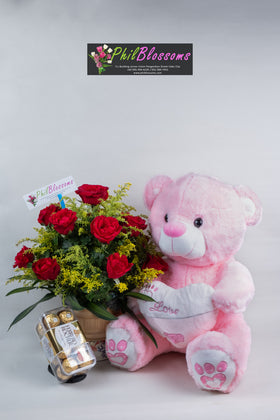 1 Dozen Red Roses in a Basket with Teddy 16 inches and Ferrero 16pcs