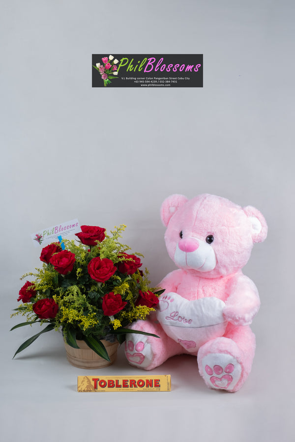 1 Dozen Red Roses in a Basket with Teddy 16 inches and Tobleron 100g
