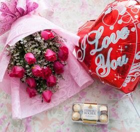 1Dozen Pink Roses in a Bouquet with 16pcs Ferrero Rocher and ILY Balloon