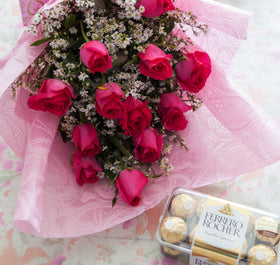 1Dozen Pink Roses in a Bouquet with 16pcs Ferrero Rocher