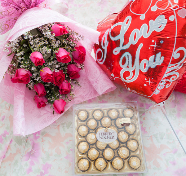 1Dozen Pink Roses in a Bouquet with 24pcs Ferrero Rocher in a box and ILY Balloon