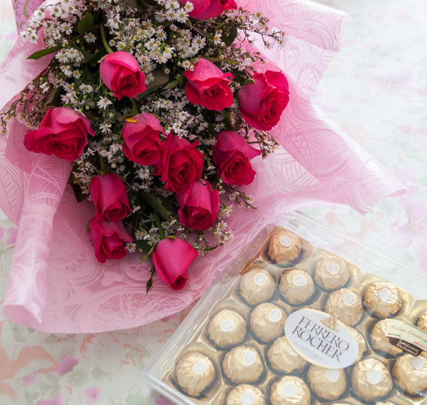 1Dozen Pink Roses in a Bouquet with 24pcs Ferrero Rocher in a box